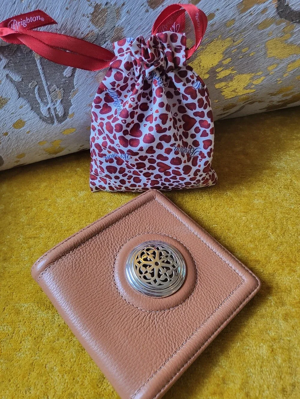 Womens Brighton Camel Leather Wallet with Silver Medallion